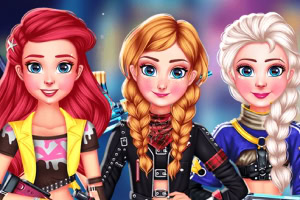 Tres personajes femeninos con ropa colorida y peinados elaborados posan frente a un fondo borroso