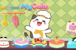 Gato caricaturesco con gorro de chef, sonriente, rodeado de pasteles coloridos sobre una mesa