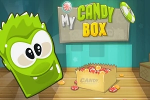 Personaje verde sonriente junto a una caja de caramelos en un entorno colorido con el título My Candy Box