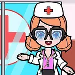 Personaje animado de enfermera con gafas grandes frente a una puerta de cristal con un símbolo de cruz roja
