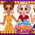 Tres mujeres con estilos de moda vintage posan, mostrando peinados elegantes y vestidos coloridos, con un letrero que dice My Fabulous Vintage Look