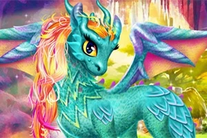 Dragón adorable con escamas azules y detalles en colores brillantes y al fondo un paisaje colorido