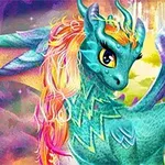 Dragón adorable con escamas azules y detalles en colores brillantes y al fondo un paisaje colorido