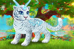 Tigre blanco bebé con cuerno y ojos azules en un bosque colorido