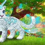Tigre blanco bebé con cuerno y ojos azules en un bosque colorido