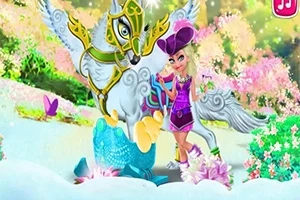 Una figura femenina vestida de rosa y púrpura junto a un caballo alado y adornado, en un paisaje de cuento de hadas con flores y árboles coloridos