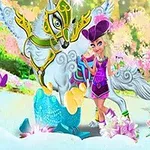 Una figura femenina vestida de rosa y púrpura junto a un caballo alado y adornado, en un paisaje de cuento de hadas con flores y árboles coloridos