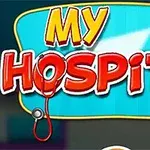 Título colorido con el texto My Hospital acompañado de un estetoscopio y un botiquín sobre un fondo azul