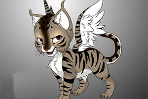 Ilustración de un gato con rayas de tigre, alas blancas y cuernos, sobre un fondo gris