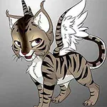 Ilustración de un gato con rayas de tigre, alas blancas y cuernos, sobre un fondo gris