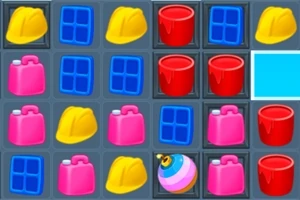 Casco amarillo, cubetas rojas, bidones rosas, ventanas azules y una bola de colores en una cuadrícula de juego