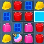 Casco amarillo, cubetas rojas, bidones rosas, ventanas azules y una bola de colores en una cuadrícula de juego