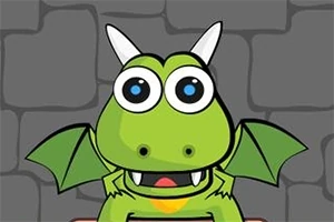 Dragón verde caricaturesco con ojos grandes y cuernos blancos frente a un fondo de piedra