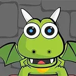 Dragón verde caricaturesco con ojos grandes y cuernos blancos frente a un fondo de piedra