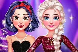 Dos mujeres con vestidos elegantes y accesorios brillantes posando sobre un fondo púrpura