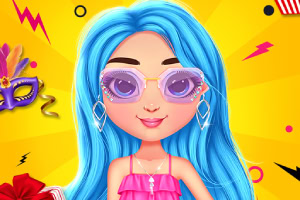 Mujer con cabello azul, gafas de sol rosadas y vestido rosa, sobre fondo amarillo vibrante con elementos decorativos