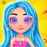 Mujer con cabello azul, gafas de sol rosadas y vestido rosa, sobre fondo amarillo vibrante con elementos decorativos