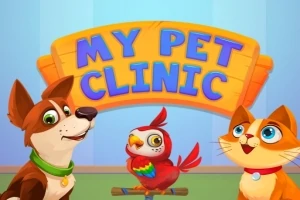 Un perro, un loro y un gato sonrientes frente a un letrero que dice My Pet Clinic con fondo azul claro