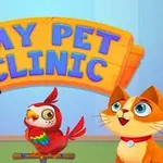 Un perro, un loro y un gato sonrientes frente a un letrero que dice My Pet Clinic con fondo azul claro