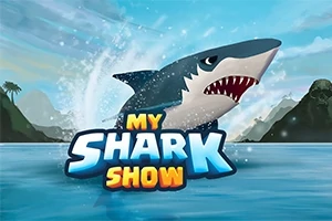 Tiburón saltando del agua con letras grandes en el frente que dicen My Shark Show sobre un fondo de mar y montañas