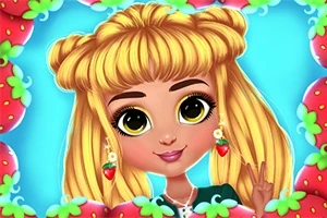 Niña de dibujos animados con cabello rubio y ojos grandes, rodeada de fresas en un marco colorido