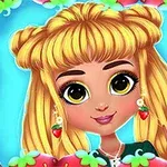 Niña de dibujos animados con cabello rubio y ojos grandes, rodeada de fresas en un marco colorido