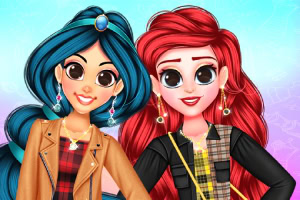 Dos personajes animados con estilo moderno, uno con cabello largo azul y chaqueta marrón, y el otro con cabello rojo y chaqueta negra, ambos sonriendo al frente de un fondo azul y rosa