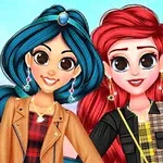 Dos personajes animados con estilo moderno, uno con cabello largo azul y chaqueta marrón, y el otro con cabello rojo y chaqueta negra, ambos sonriendo al frente de un fondo azul y rosa