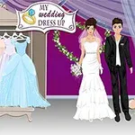 Una pareja animada vestida de novios frente a un armario lleno de vestidos elegantes en un escenario nupcial