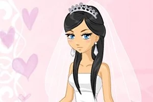 Dibujo de una novia con tiara, vestido blanco y velo, sobre un fondo rosa con corazones
