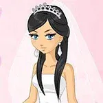 Dibujo de una novia con tiara, vestido blanco y velo, sobre un fondo rosa con corazones