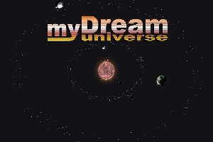 Fondo espacial oscuro con un sol en el centro y varios planetas, acompañado del texto myDream universe en la parte superior