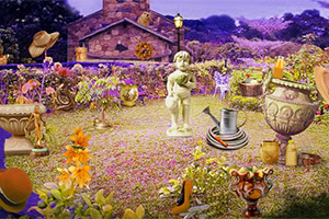 Un jardín colorido con una estatua de querubín en el centro, rodeado de diversas plantas, flores, y objetos dispersos, frente a una casa de piedra
