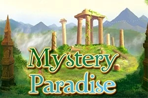 Ruinas antiguas rodeadas de vegetación con montañas al fondo y el texto Mystery Paradise en primer plano