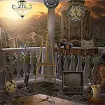 Una terraza con muebles antiguos y objetos variados, como un reloj de pared, una televisión antigua, un sombrero de copa, y un maniquí, con un paisaje de atardecer al fondo