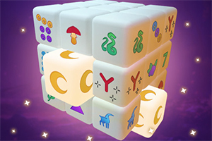 Un cubo con símbolos coloridos como lunas, hongos y animales sobre un fondo púrpura con estrellas pequeñas
