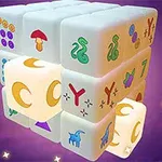 Un cubo con símbolos coloridos como lunas, hongos y animales sobre un fondo púrpura con estrellas pequeñas