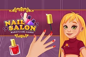 Una ilustración que muestra una mano con uñas pintadas de rojo, un frasco de esmalte de uñas y una niña sonriente con cabello rubio en un fondo púrpura