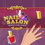 Una ilustración que muestra una mano con uñas pintadas de rojo, un frasco de esmalte de uñas y una niña sonriente con cabello rubio en un fondo púrpura