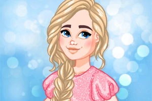 Dibujo de una mujer con cabello rubio trenzado, ojos azules y vestido rosa brillante sobre un fondo azul con luces borrosas