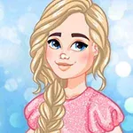Dibujo de una mujer con cabello rubio trenzado, ojos azules y vestido rosa brillante sobre un fondo azul con luces borrosas