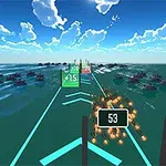 Vista de un camino virtual sobre el agua con números flotantes, líneas azules, obstáculos y un cielo despejado con nubes