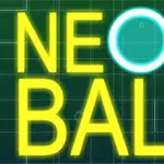 Texto NEON BALL en letras amarillas con una O azul sobre un fondo verde de cuadrícula
