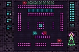 Interfaz de videojuego retro con tanques de colores y un árbol de Navidad iluminado en el lado derecho