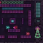 Interfaz de videojuego retro con tanques de colores y un árbol de Navidad iluminado en el lado derecho