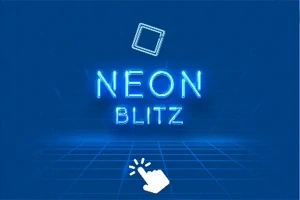 Texto NEON BLITZ en neón azul sobre un fondo de cuadrícula azul con un ícono de clic