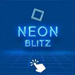 Texto NEON BLITZ en neón azul sobre un fondo de cuadrícula azul con un ícono de clic