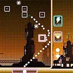 Pantalla de juego retro con siluetas industriales al fondo y una trayectoria de puntos blancos en el centro