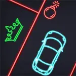 Auto de neón azul en un laberinto con una corona verde, una bomba roja y una estrella amarilla
