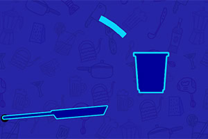 Ilustración con un fondo azul que muestra una espátula, un contenedor y una línea curva resaltados en tonos azul claro